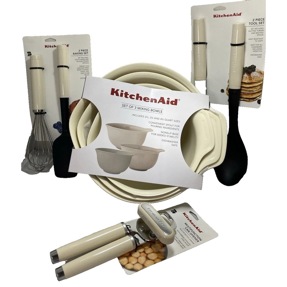 New KitchenAid Almond Cream HACA 8 Pc Utensils Spatula Whisk Spoon 3 MixingBowls